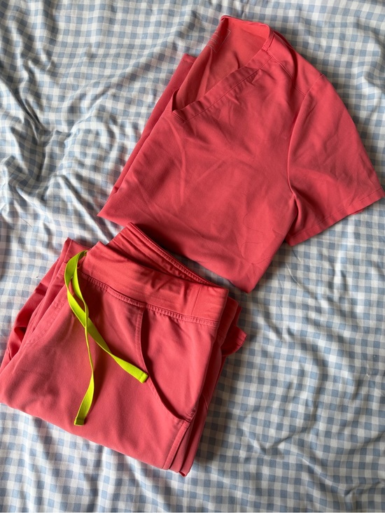 Figs Other - Coral Pink Figs Scrub Set with Neon Lime Drawstring